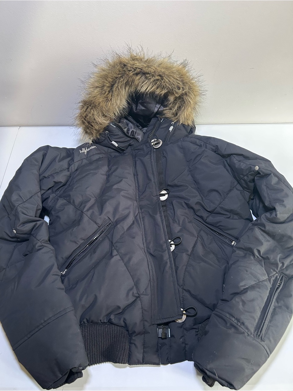 Helly Hansen Women’s Black Down Puffer Bomber Jacket Faux Fur Hood Size Small